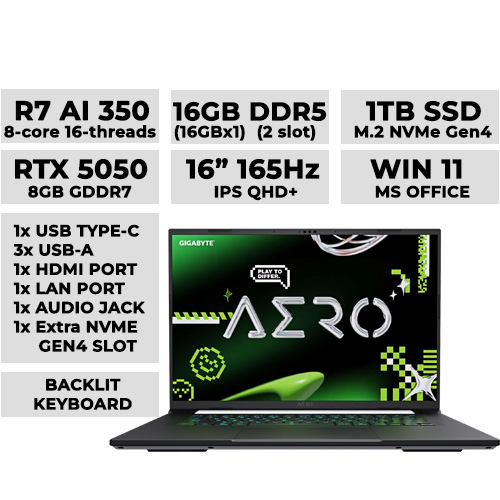 Gigabyte AERO X16 1TH93PH894AH Laptop 16" 165hz | Ryzen AI 7 350 | 16GB DDR5 | 1TB NVMe | RTX 5050 8GB